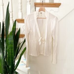 Free People Women's Cream Long Sleeve Plunging Neckline Tie Top Size M
